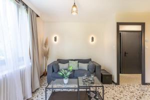 een woonkamer met een blauwe bank en een tafel bij Les Cantinières - Bourgoin Jallieu - Jardin Privé in Ruy