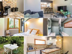 een collage van foto's van een woonkamer en een keuken bij Les Cantinières - Bourgoin Jallieu - Jardin Privé in Ruy