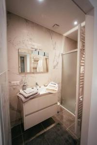 un bagno bianco con lavandino e doccia di Les Pinsons a Montigny-le-Gannelon Altre 17 foto