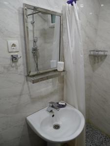 a bathroom with a sink and a shower with a mirror at Vake Super Quiet and Comfy Apartment with a Yard in Tbilisi City