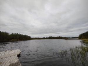 mit Blick auf einen See und einem Holzsteg in der Unterkunft Kalliorinteen Mökit Kalliopirtti in Töysä