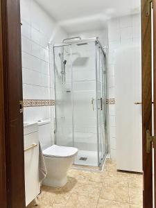y baño con aseo y ducha acristalada. en Apartamento acogedor y moderno en pleno centro de Sevilla con Parking Gratis, en Sevilla