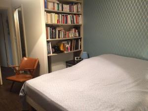 - une chambre avec un lit et une étagère avec des livres dans l'établissement Rare à Paris, magnifique souplex familial, 3 chambres doubles, grande terrasse, très frais en été, à Paris