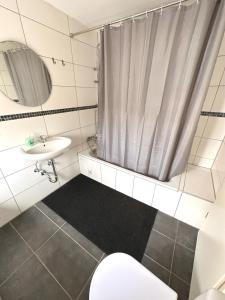ein Bad mit einem WC, einem Waschbecken und einer Dusche in der Unterkunft Monteurunterkunft Schwarzenbruck in Schwarzenbruck