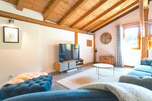 sala de estar con sofás azules y TV en Ferme Liberté - stunning, comfortable, & modern sleeps 14- private mini van en Les Gets