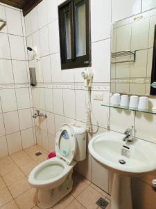 La salle de bains est pourvue de toilettes et d'un lavabo. dans l'établissement 時光旅舍古厝一館, à Jinning