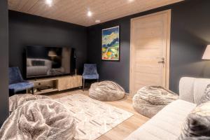 een woonkamer met een flatscreen-tv en stoelen bij Luxury Chalet Espoir in Montriond