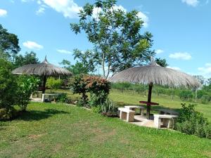Deux tables de pique-nique et des parapluies dans un champ dans l'établissement La herencia, à Caacupé