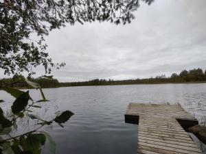 a dock in the middle of a lake at Kalliorinteen Mökit Havupirtti in Töysä