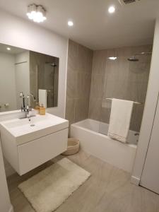 La salle de bains est pourvue d'un lavabo et d'une baignoire. dans l'établissement 3 bedroom near Olympic Stadium, à Montréal
