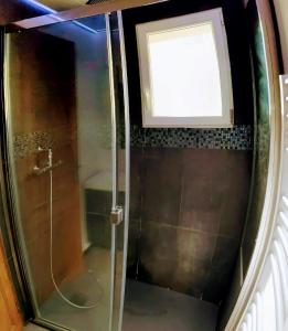 a shower with a glass door and a window at Retraite Tropicale à Marseille in Marseille
