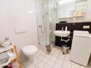 a bathroom with a shower and a toilet and a sink at BodenSEE Apartment Wasserburg "Im tiefen Brunnen" in Wasserburg am Bodensee +20 photos