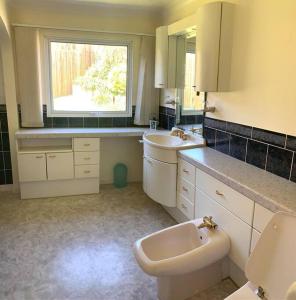 a bathroom with a sink and a toilet and a window at Seaview Bungalow, Thurlestone, Beaches Nearby in Thurlestone