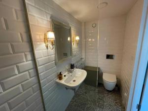 La salle de bains est pourvue d'un lavabo et de toilettes. dans l'établissement Cosy loft in Kaunas center, à Kaunas