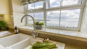 a kitchen with a sink and a window at Efail Penrhyn in Llanfachraeth +41 photos