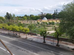 eine leere Straße mit Bäumen vor einem Gebäude in der Unterkunft Habitación luminosas en Vista Alegre in Madrid