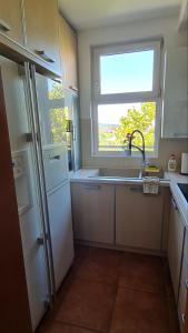 eine Küche mit einem Waschbecken und einem Fenster in der Unterkunft Stan na dan S8 in Lazarevac