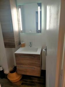 een badkamer met een wastafel en een spiegel bij location studio vacances ou weekend Pra Loup résidence La Croix Haute in Uvernet