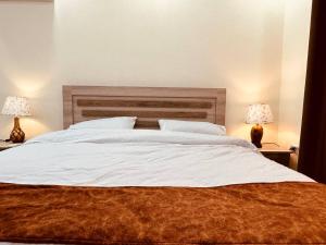 a bedroom with a large white bed with two lamps at Dream house hotel jerash in Jerash