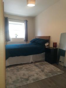 1 dormitorio con 1 cama con ventana y alfombra en One Bedroom Apartment with Garden, en Londres