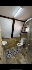 uma casa de banho com um WC, um lavatório e um chuveiro em Bungalow Gölçam em Denizli