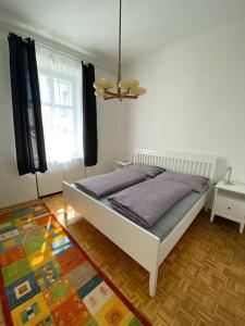 Un dormitorio con una cama con sábanas moradas y una ventana en Altbauwohnung im Herzen vom Lend, en Graz