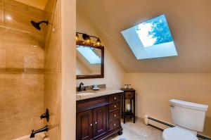 a bathroom with a toilet and a sink and a mirror at Ravens Call Chalet in Breckenridge +23 photos