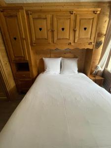 a bed with two white pillows and wooden cabinets at Superbe studio au pied des oeufs in Champagny-en-Vanoise
