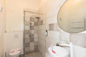 a bathroom with a shower and a sink and a mirror at Conacul Buzdugan 