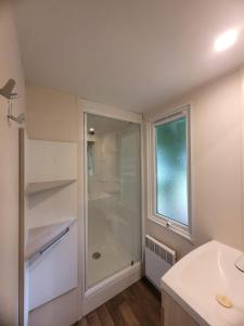 a bathroom with a shower and a sink at MobilHome Marie EUROPAPARK 20min in Boofzheim