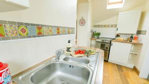 a kitchen with a stainless steel sink and a stove at Y Beudy in Llanrhwydrys