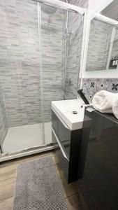 La salle de bains est pourvue d'une douche et d'un lavabo. dans l'établissement L'échappée MERs- Maison 3 chambres au Centre 500m de la plage, à Mers-les-Bains