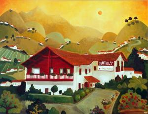 a painting of a house in front of a mountain at Hotel & Appartements Gochoki in Bidart