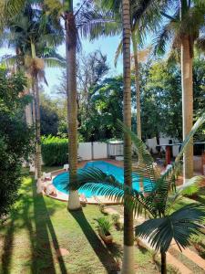 a swimming pool with palm trees in a yard at Hotel Castelo Branco in Foz do Iguaçu