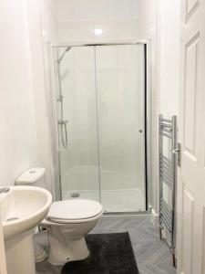 een badkamer met een douche, een toilet en een wastafel bij Home in Bridgwater