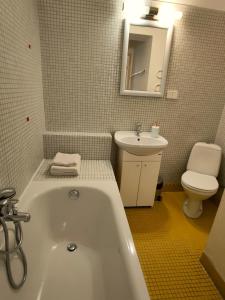 een badkamer met een bad, een toilet en een wastafel bij Kazimierz/Old Town Apartment in Krakau
