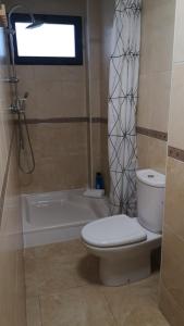 a bathroom with a toilet and a tub and a window at Apartamentos Wayteko in Alicante