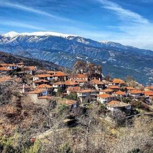 une petite ville sur une colline avec des montagnes enneigées dans l'établissement Ξενώνας Τ’Αρχοντικό, à Palaios Panteleimonas