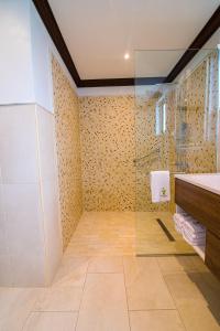 a bathroom with a shower and a glass shower stall at Sago Palm Hotel in Ocho Rios