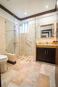 ein Bad mit einer Dusche, einem WC und einem Waschbecken in der Unterkunft Sago Palm Hotel in Ocho Rios
