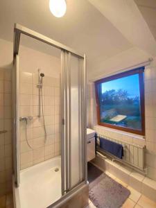 a bathroom with a shower and a sink and a window at Gartenblick-Oase: Obergeschosswohnung in Hamburg in Hamburg