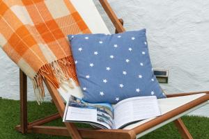 un livre assis sur une chaise avec un oreiller drapeau américain dans l'établissement Gwyndy, à Beaumaris