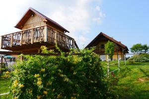 Sveti Jurij ob ŠčavniciにあるSovica holiday home & tree houseの茂みの上にバルコニー付きの家
