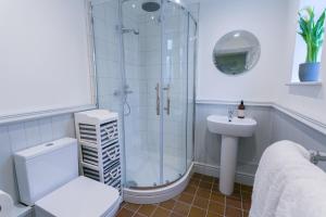 a bathroom with a shower and a toilet and a sink at Hyfrydle in Beaumaris