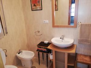 a bathroom with a sink and a toilet and a mirror at Acogedor chalet de TRES HABITACIONES en el Valle de Cabuérniga, ideal familias grupos y mascotas Somos PET FRIENDLY, ESTANCIA MINIMA DOS NOCHES in Lamiña