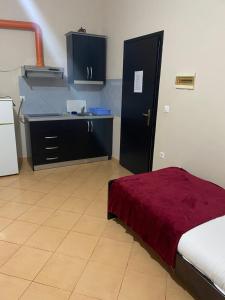 a room with a kitchen with a bed and a counter at Studio Apartments Rizarjo in Ksamil