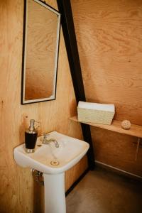 a bathroom with a sink and a mirror at Glamping Nool in Río Blanco