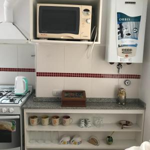 a microwave sitting on top of a kitchen counter at Complejo Los Aromitos 1 in Río Ceballos