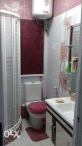 een kleine badkamer met een toilet en een wastafel bij شقه للإيجار المفروش سوبر لوكس (vip) أمام البحر مباشرة in Alexandrië