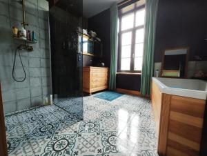 a bathroom with a shower and a tub and a sink at Chambre spacieuse avec vue sur clocher in Verchin